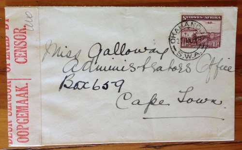 OPENED BY CENSOR WINDHOEK POST 1941 SOUTH WEST AFRICA WWII to CAPE TOWN SOUTH AFRICA.