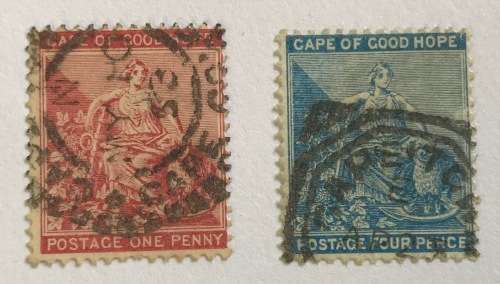 CAPE TOWN cancellations=COMPASS WHEEL=1 penny red CGH=SQUARED OCTAGON=4 penny blue=PUTZEL 58 + 60.