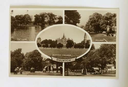 POSTCARD POST CARD SEPIA DULWICH DULWICH COLLEGE SOUTH LONDON ENGLAND VINTAGE CAR LAKE VILLAGE 1950.