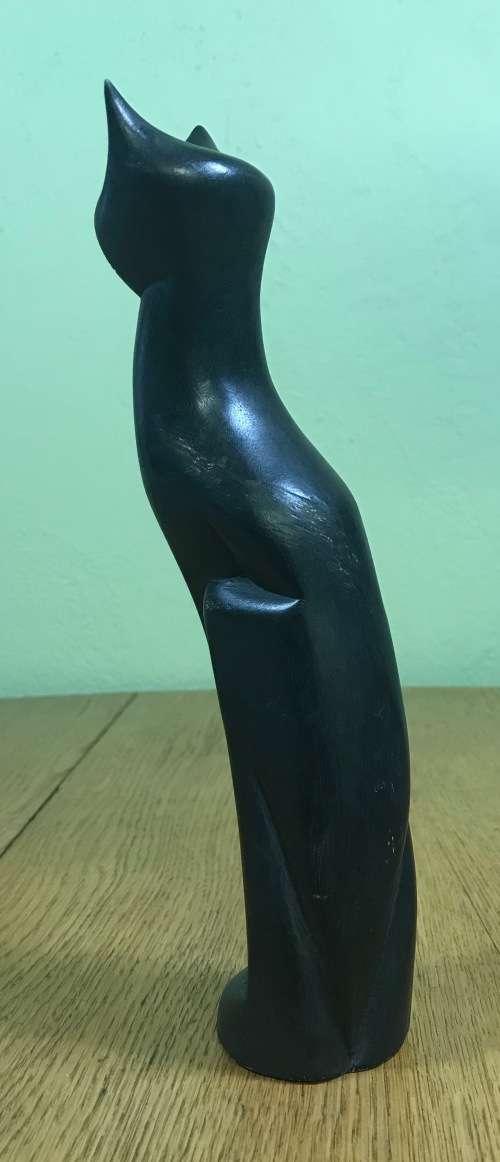 CAT FIGURINE ROOT SHAFUTA AFRICAN ART TALL BLACK in COLOUR.