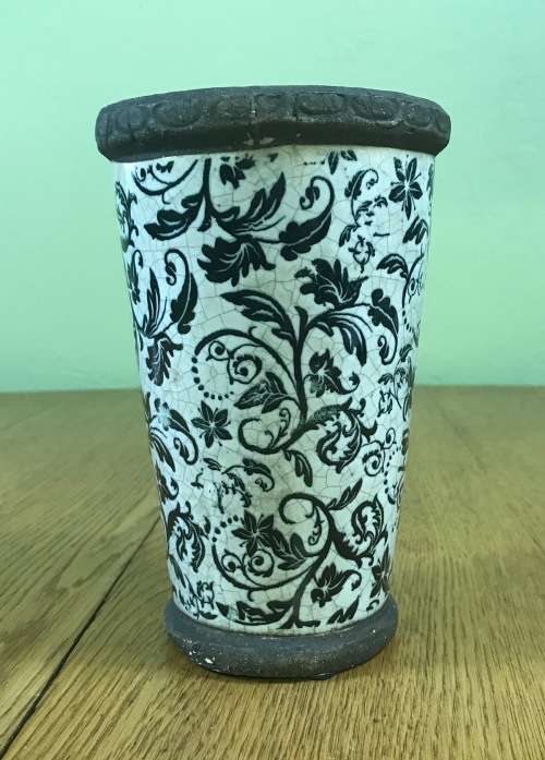 VASE PLANTER CERAMIC POTTERY BLUE and WHITE CRAQUELE HOLE in BASE for drainage.