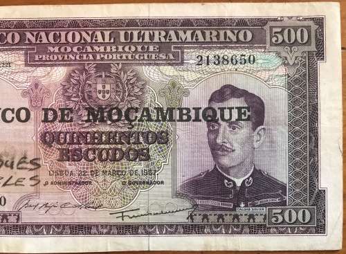 Banco Nacional Ultramarino Mozambique 500 ESCUDOS PROVINCIA PORTUGUESA 1967 2138650 LISBOA XAVIER.