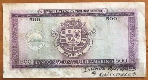 Banco Nacional Ultramarino Mozambique 500 ESCUDOS PROVINCIA PORTUGUESA 1967 2138650 LISBOA XAVIER.