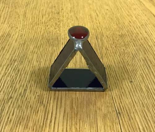 SERVIETTE RING TRIANGULAR PEWTER, TIN or LEAD??? BLUE GLASS RED GLASS CABOCHON ON TOP UNUSUAL!!!!