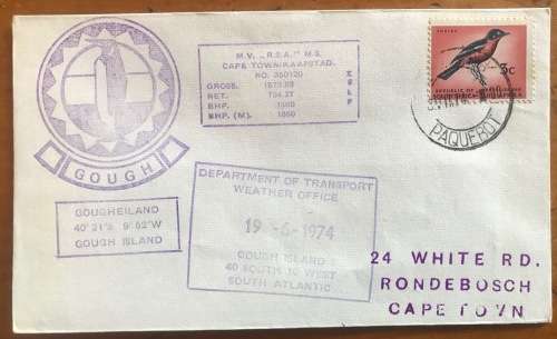 CAPE TOWN PAQUEBOT 8.7.74 MV R.S.A. SHIP GOUGH ISLAND WEATHER OFFICE DEPT TRANSPORT SHRIKE PENGUIN b