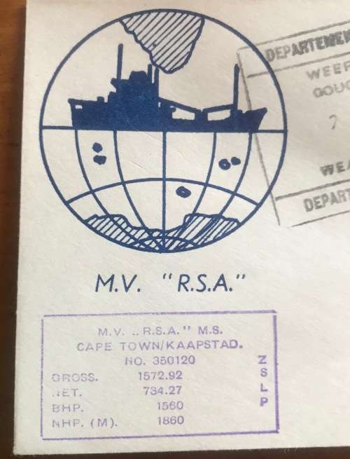 CAPE TOWN PAQUEBOT 23.5.69 MV R.S.A. SHIP GOUGH ISLAND WEATHER OFFICE 7.5.69 SA GAMES OLYMPIC RINGS.