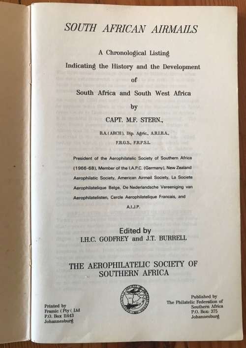 SOUTH AFRICAN AIRMAILS HISTORY + DEVELOPMENT SA + SWA CAPT. M.F. STERN AEROPHILATELIC SOCIETY.