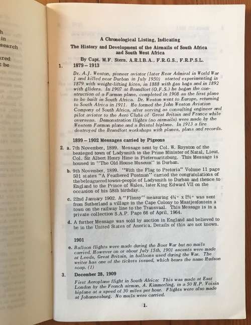 SOUTH AFRICAN AIRMAILS HISTORY + DEVELOPMENT SA + SWA CAPT. M.F. STERN AEROPHILATELIC SOCIETY.