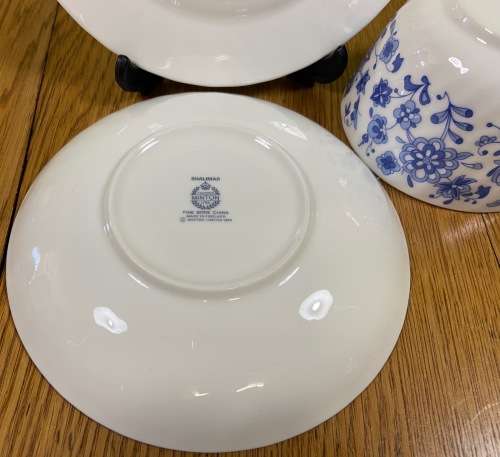MINTON TEA TRIO x 1=ENGLAND=SHALIMAR PATTERN=BLUE and WHITE=FINE BONE CHINA=LIMITED EDITION=1974.