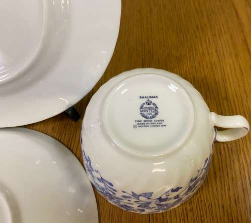 MINTON TEA TRIO x 1=ENGLAND=SHALIMAR PATTERN=BLUE and WHITE=FINE BONE CHINA=LIMITED EDITION=1974.