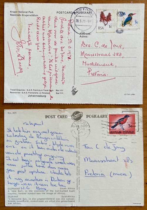 POSTCARDS x 2=AFRICAN ELEPHANTS=KRUGER NATIONAL PARK=SA RAILWAYS=BIRDS=KINGFISHER=SHRIKE=ARTCO.