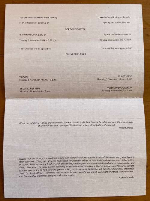 GORDON VORSTER=EXHIBITION INVITATION=HOFFER ART GALLERY=PRETORIA=1984=ZEBRA=STUNNING!!!!