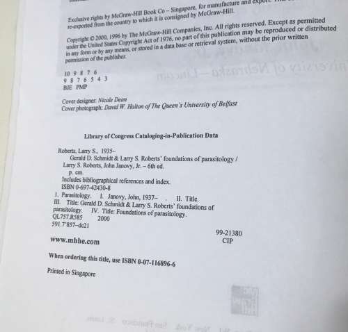 FOUNDATIONS OF PARASITOLOGY 6th EDITION GERALD SCHMIDT LARRY ROBERTS JOHN JANOVY McGRAW-HILL 2000.