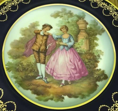 LIMOGES LA REINE French Porcelain Plate A15  FRAGONARD FRANCE COBALT and GILT BORDER 190mm diameter.
