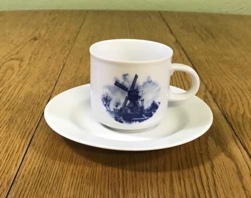 COFFEE DUO DEMITASSE DELFT BLAUW HANDPAINTED TER STEEGE BV HOLLAND EsPRESSO Cappuccino! WINDMILL.