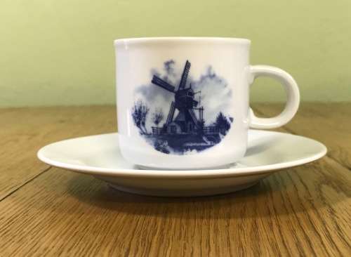 COFFEE DUO DEMITASSE DELFT BLAUW HANDPAINTED TER STEEGE BV HOLLAND EsPRESSO Cappuccino! WINDMILL.