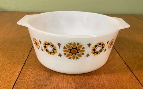 PYREX COOKWARE DISH / BOWL ABSTRACT PATTERN 1969 ENGLAND JAJ - JAMES A. JOBLING CASSEROLE BAKING.