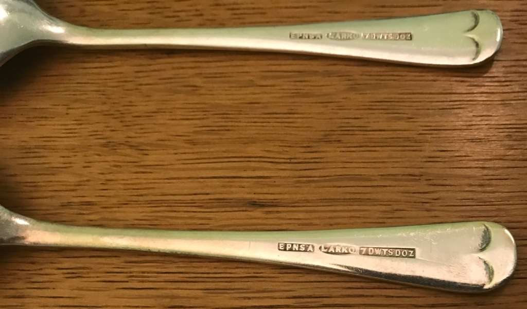 LARKO EPNS quality SOUP SPOONS x 2, EPNS A ELECTRO-PLATED NICKEL SILVER, 7 DWTS doz. Made in England