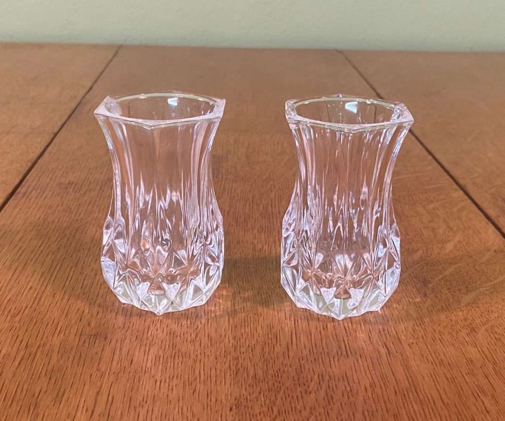 GLASS VASES - 2 SMALL PATTERNED HEXAGONAL VASES.