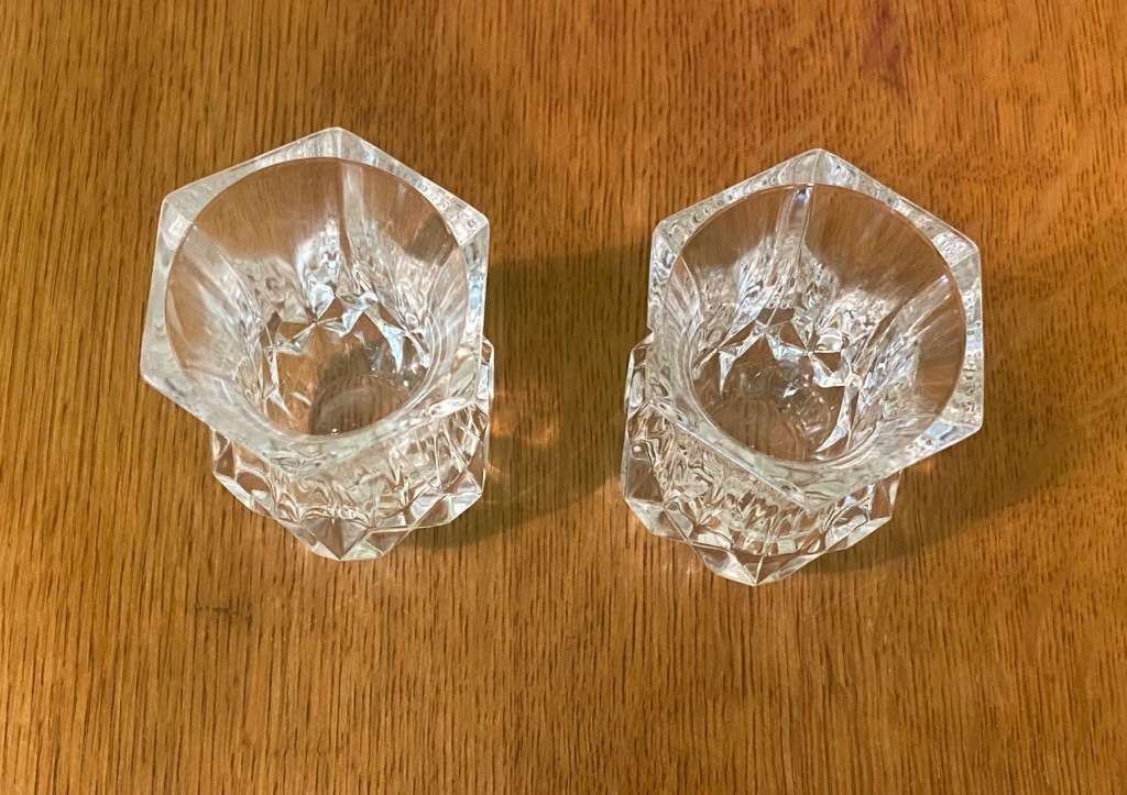 GLASS VASES - 2 SMALL PATTERNED HEXAGONAL VASES.