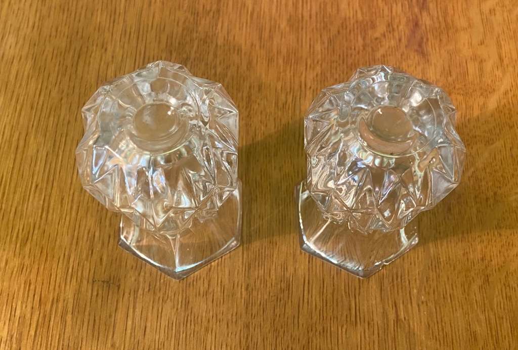 GLASS VASES - 2 SMALL PATTERNED HEXAGONAL VASES.