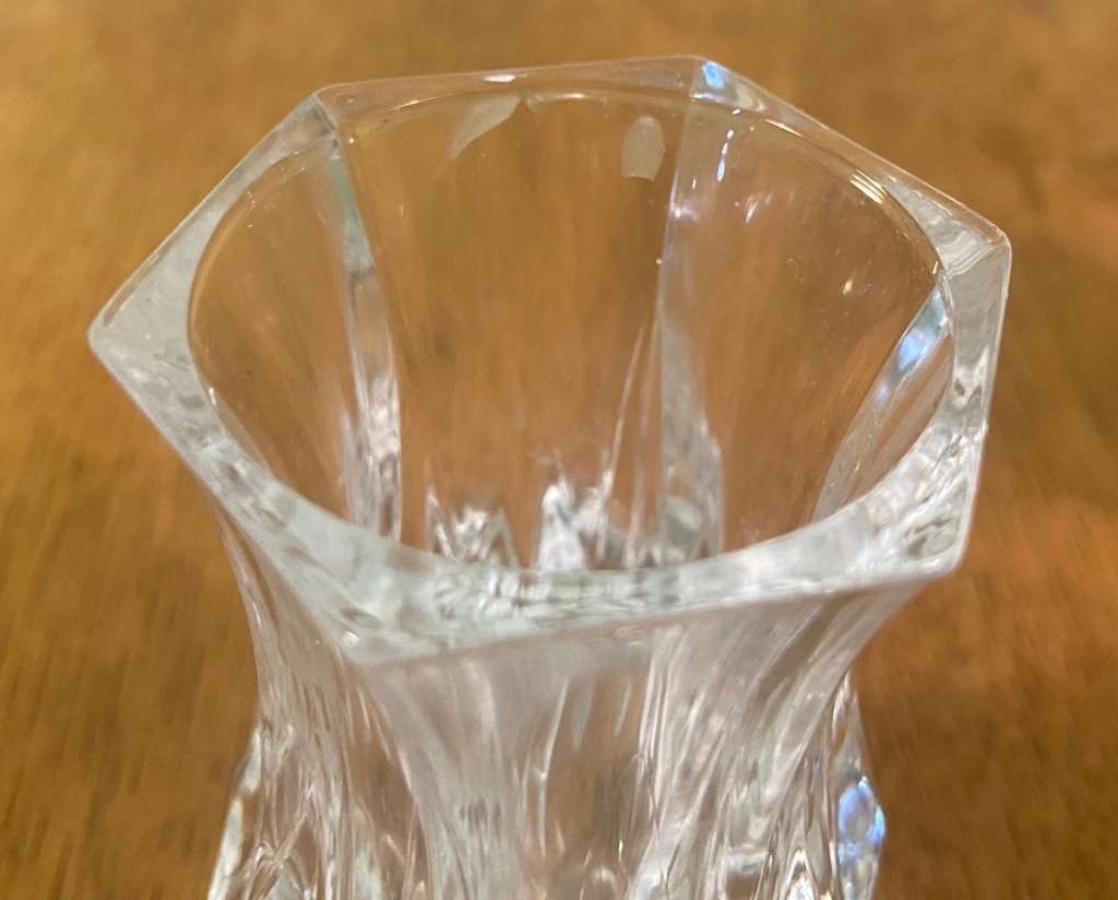 GLASS VASES - 2 SMALL PATTERNED HEXAGONAL VASES.