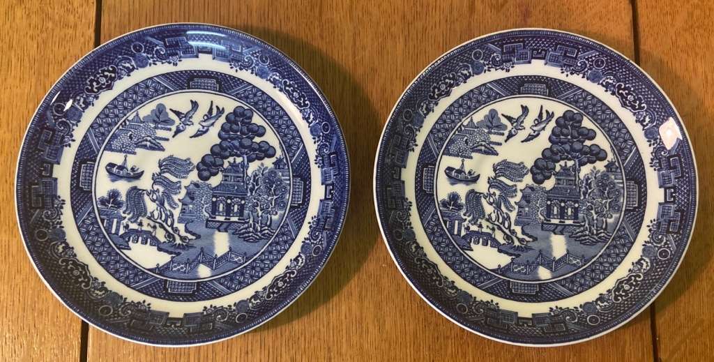 JOHNSON BROTHERS - 2 x SAUCERS - BLUE & WHITE - WILLOW PATTERN - BIRDS - BOATS - BRIDGE - TREES.