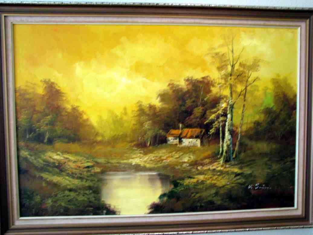"Forest Scene with small Dam & Outhouses"=Oil on Board=D. Simms=Large Size:1010 x 710mm! Foreign Art