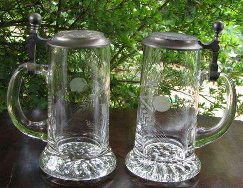 Rastal Zinn Cut-Glass BEER Tankards=Pewter hinged Lids=Hops & Barley engraved=Germany=Make an offer?