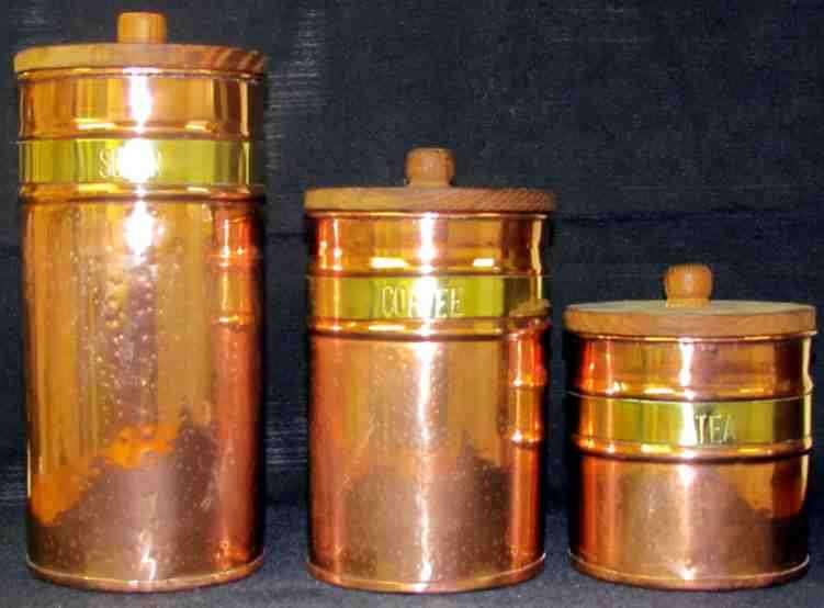 TEA,COFFEE & SUGAR COPPER & BRASS STORAGE containers WITH WOODEN LIDS=THREE=REALLY STUNNING!!!!!!!!