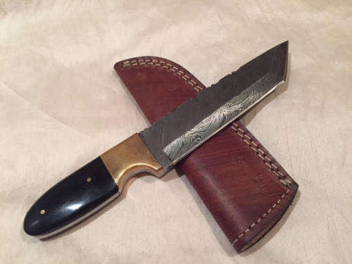 *J* Damascus steel knife (straight blade) with genuine leather sheath (hand-made)