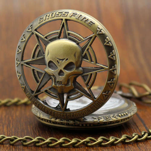 Vintage Skull Bronze Chain Pocket Watch (In Stock)