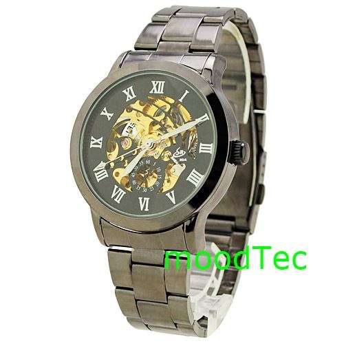 Mens Mechanical Watch with Round Dial Metal Band Roman Scale