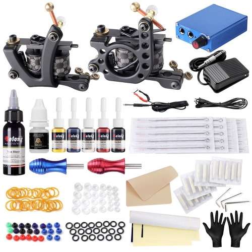 Complete Tattoo Kit 2 Pro Coil Tattoo Machine Guns Power Supply Foot Pedal Needles Grips on special