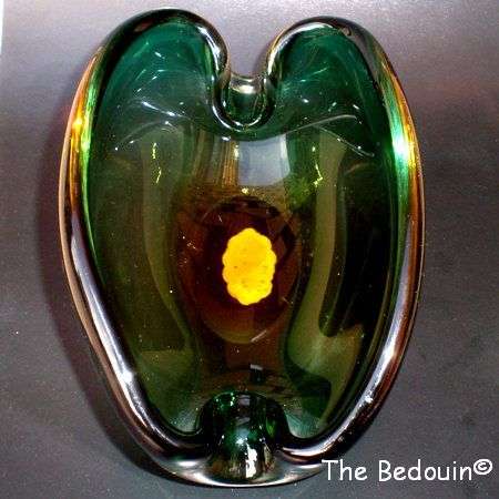 MURANO GLASS ASHTRAY. Blue - Green. Oval shaped. With 'Murano' sticker. Retro (1950s)