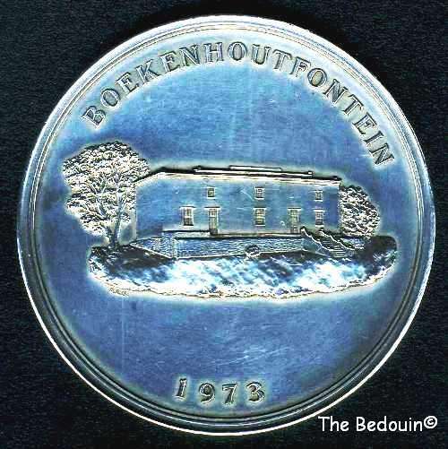 BOEKENHOUTFONTEIN MEDALLION. Sterling Silver. 125 g. Simon van der Stel Foundation 1973. SA Mint .