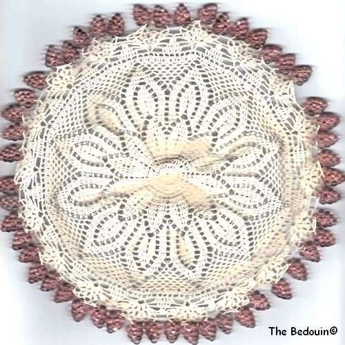 DOILY.  Beaded and hand crocheted. Cotton and pink glass beads. Vintage.