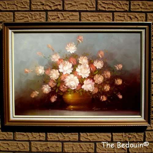 ROBERT COX 1934 - 2001 (USA) Pink & White Roses in Antique Vase. Oil. Framed. 720 x 1020 mm. LARGE!