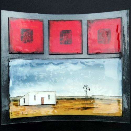 Marguerite Beneke (S A glass artist). KILN FUSED GLASS ART PANEL. KAROO SCENE. 37 x 32 cm.