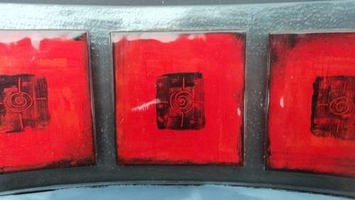 Marguerite Beneke (S A glass artist). KILN FUSED GLASS ART PANEL. KAROO SCENE. 37 x 32 cm.