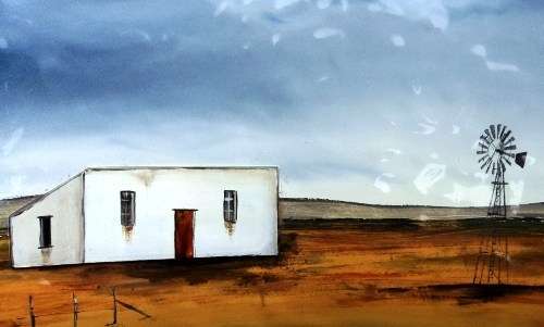 Marguerite Beneke (S A glass artist). KILN FUSED GLASS ART PANEL. KAROO SCENE. 37 x 32 cm.
