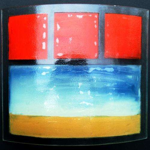 Marguerite Beneke (S A glass artist). KILN FUSED GLASS ART PANEL. KAROO SCENE. 37 x 32 cm.