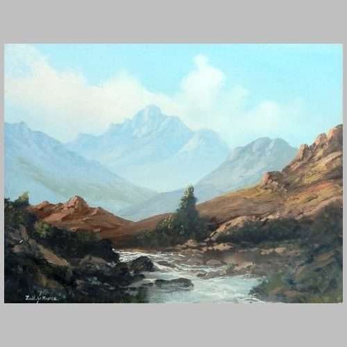 Jan H Le Maitre (South African artist) - MOUNTAIN LANDSCAPE. Oil. Unframed. 450 x 600 mm.