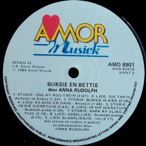 Anna Rudolph - BUKSIE EN BETTIE. LP. (M/M). Stories en Liedjies vir kinders (1989).