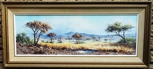 Dirk Venter (S A Artist). BUSHVELD LANDSCAPE WITH WATER PAN. Oil. Framed. 400 x 900 mm. 1976.