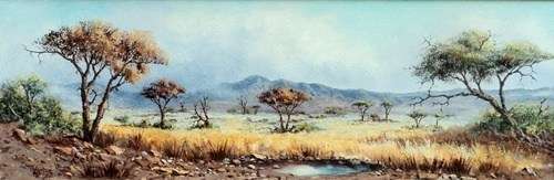 Dirk Venter (S A Artist). BUSHVELD LANDSCAPE WITH WATER PAN. Oil. Framed. 400 x 900 mm. 1976.