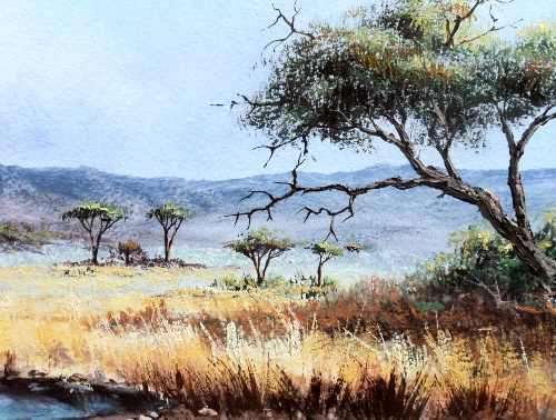Dirk Venter (S A Artist). BUSHVELD LANDSCAPE WITH WATER PAN. Oil. Framed. 400 x 900 mm. 1976.
