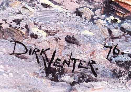 Dirk Venter (S A Artist). BUSHVELD LANDSCAPE WITH WATER PAN. Oil. Framed. 400 x 900 mm. 1976.