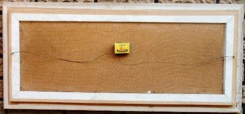 Dirk Venter (S A Artist). BUSHVELD LANDSCAPE WITH WATER PAN. Oil. Framed. 400 x 900 mm. 1976.