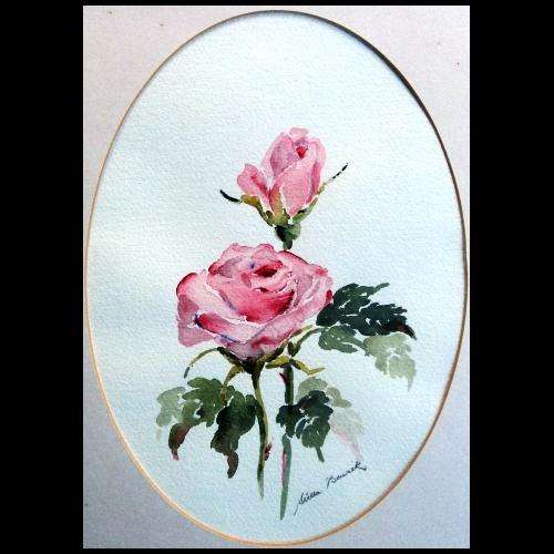 Stella Beurick (SA Artist) - WATER COLOUR PAINTING OF ROSES. Framed. 48 x 38 cm. Cherry wood Frame.